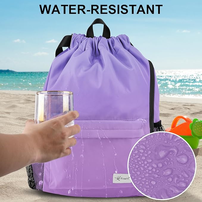 Drawstring Backpack with Mesh Pockets String Gym Bag Sackpack Sandproof Water Resistant Beach Backpack for Men Women