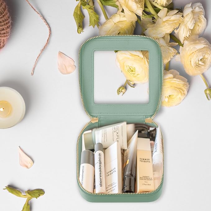 Prite Small Makeup Bag for Women Portable Clear Makeup Bag Cute Mini Waterproof Travel Cosmetic Bag with Gold Zipper for Car Essentials(Green)