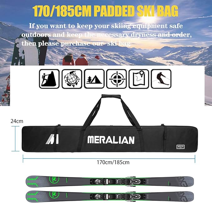 Padded Ski Bag,Waterproof Full Padded Single Ski Travel Bag with Adjustable Shoulder Strap.
