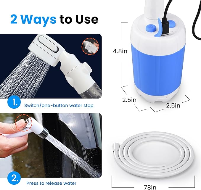 Portable Camping Shower Outdoor Camp Shower Pump with Portable Bucket,Upgrade Rechargeable Electric Shower Pump with Intelligent Multiple Spray Modes for Camping, Hiking, Traveling,RV
