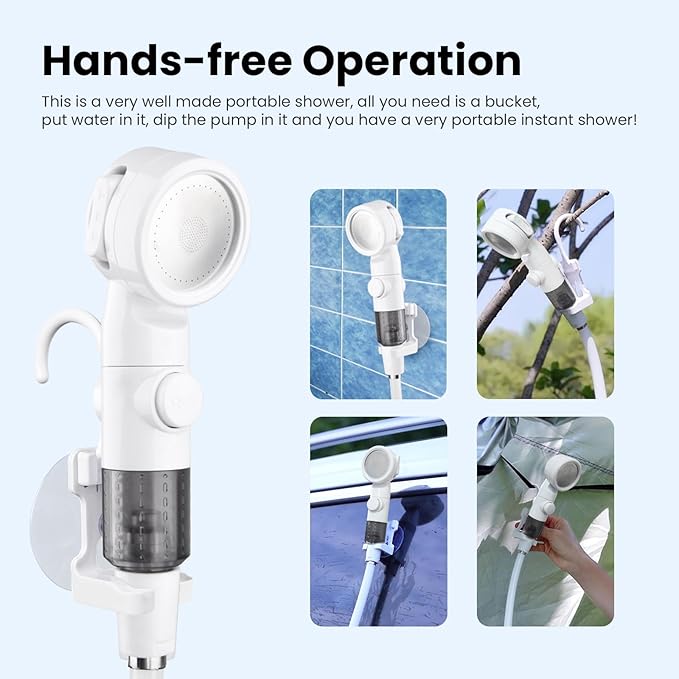 Portable Camping Shower Outdoor Camp Shower Pump with Portable Bucket,Upgrade Rechargeable Electric Shower Pump with Intelligent Multiple Spray Modes for Camping, Hiking, Traveling,RV