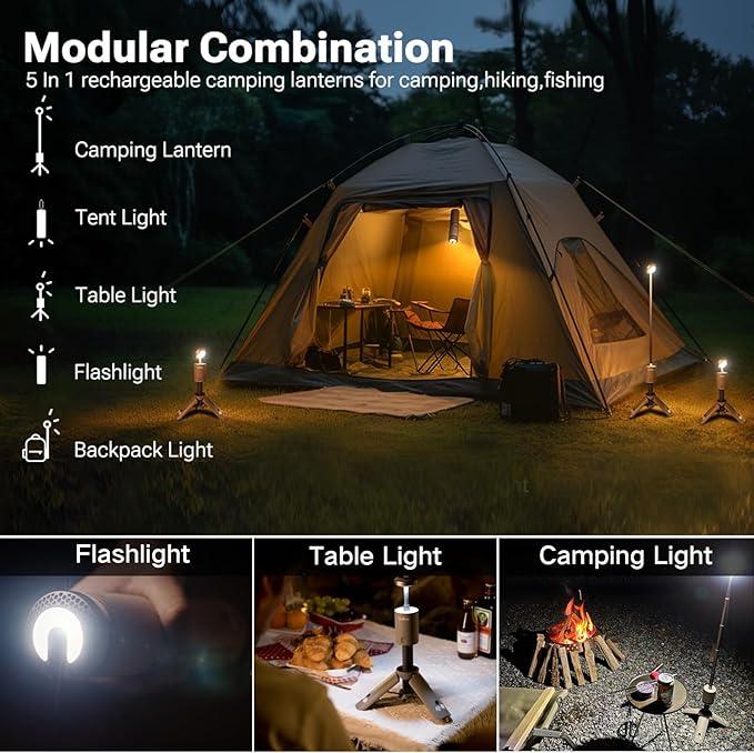 Camping Light Telescopic, Collapsible Magnetic Camping Lantern with 12000mAh Battery, Telescoping IPX6/IPX7 Waterproof Flashlights, Camping Lamp for Emergency, Camping, Hiking (Gray)