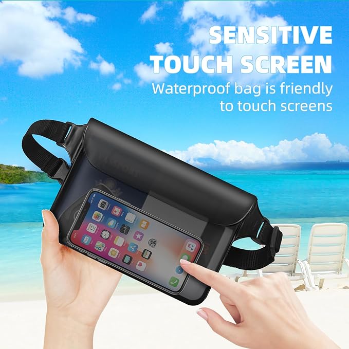 Waterproof Fanny Pack 2 Pack 8.9" Waterproof Pouch for Phone Passport Wallet Purse with Adjustable Waist Strap Kayak Accessories for Travel Beach Cruise Travel Essentials Accessories
