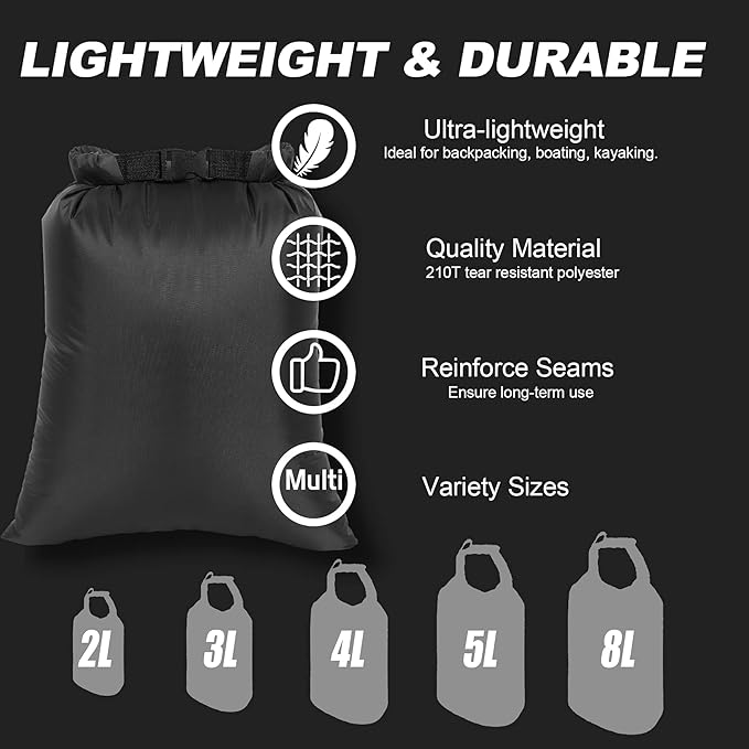 Dry Bags Waterproof Set, 5 Packs Ultralight Waterproof Bags Small Stuff Sack Water Proof Bag Dry Packs, Outdoor Dry Bag Keep Gear Dry for Backpacking Hiking Boating Camping Travel (5 Pack - Black)