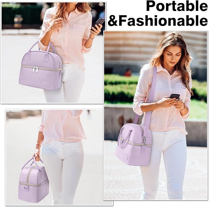 BALORAY Lunch Bag for Women Men, Double Deck Lunch Box for Adults, PU Leather Lunch Tote Bag Insulated Lunch Bags with Strap for Work Office Picnic (Purple)