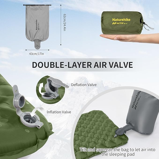 Naturehike 3.5LB Ultralight Insulated Double Sleeping Pad with R4.6, 3.2in Thickened NKTR™ AIR Inflatable Sleeping Mat for Camping, Hiking, Climbing with Inflatable Bag, 2 Person Green