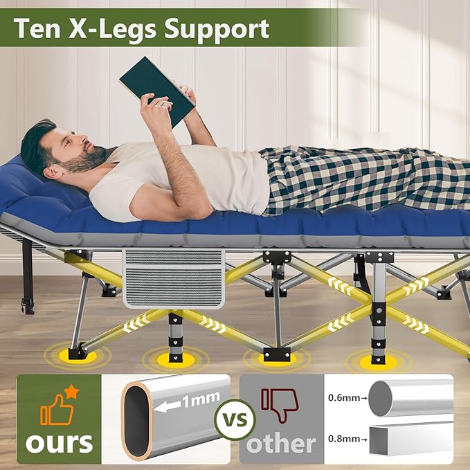 Slendor Folding Camping Cot with Mattress for Adults,74”L x 28”W x 15”H, Portable Sleeping Cot Bed for Tent, Office, Camping, Outdoor, Striated Gray Cot,Gray+Blue Pad,500lbs Load
