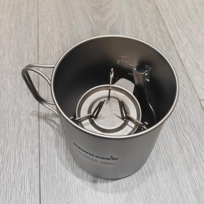 Titanium Backpacking Stove System, Cup/Portable Alcohol Stove/Foldable Spork -750ml Camping Combo (Titanium Combo Set)