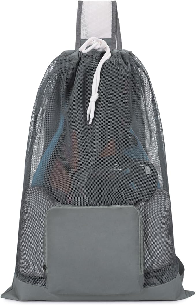 WANDF Swim Bag Foldable Mesh Drawstring Bag with Quick-dry Shoulder Strap Beach Backpack with Wet Pocket for Swimming, Gym, and Workout Gear (Grey Patent Pending)