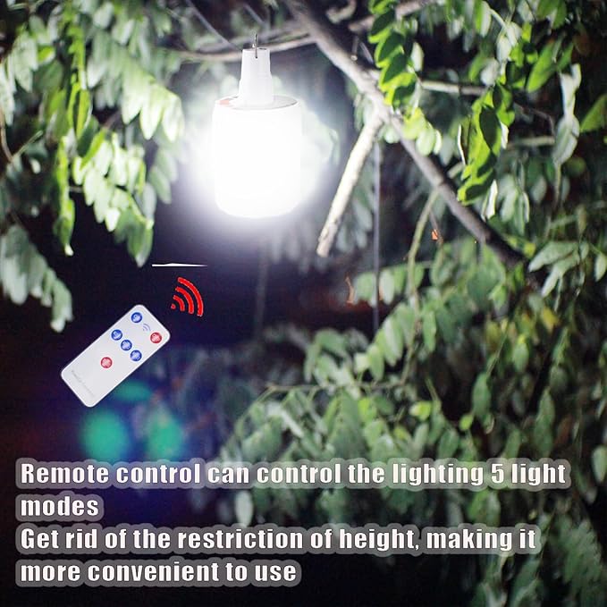LED Camping Tent Solar Bulb Lantern Lights 5 Mode USB Rechargeable with Remote Control Portable Light Hanging Outdoor Fishing Emergency Courtyard Garden 4 Power Display Outdoor 1pack