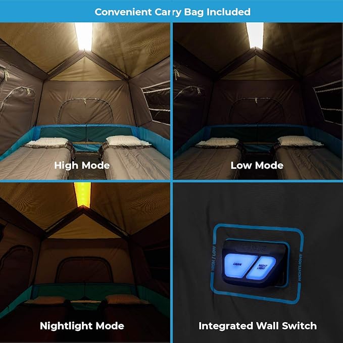 CORE Instant Cabin Tents with LED Lights | 6 Person / 9 Person / 12 Person Family Multi Room Lighted Pop Up Tents for Camping | Included Storage Pockets for Camping Accessories