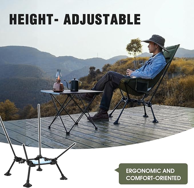 MOON LENCE High Back Folding Camping Chairs, Adjustable Height Beach Chair with Anti-Sinking Feet & Widened Seat (Green)