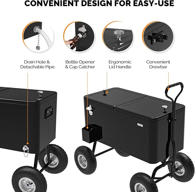 VINGLI 80 Quart Wagon Rolling Cooler Ice Chest, w/Long Handle and 10" Wheels, Portable Beach Patio Party Bar Cold Drink Beverage, Outdoor Park Cart on Wheels