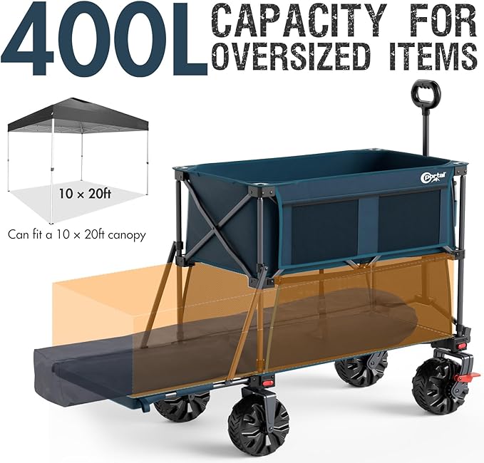 PORTAL 400L Large Capacity Collapsible Double Decker Wagon with Brakes, 450LB Heavy Duty Folding Cart with Tailgate, Foldable Utility Wagons for Camping, Beach, Garden, Sports, Shopping