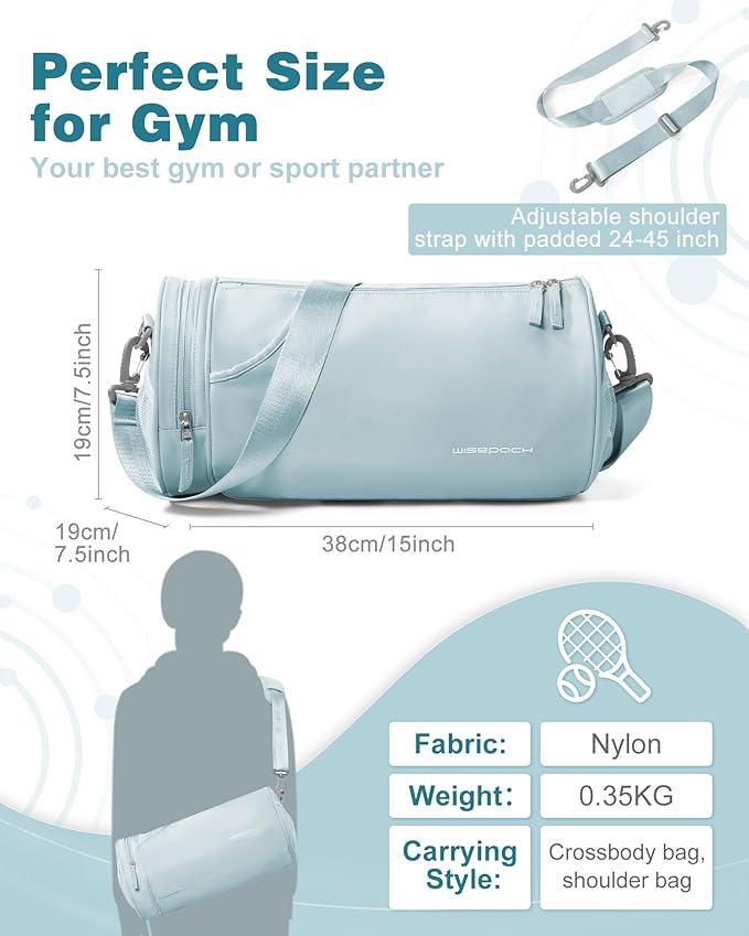 Small Women's Gym Bag - Waterproof Mini Duffle Bag, Travel Duffel with Wet Pocket, Carry On Weekender for Dance, Swimming, Yoga, Fitness - Light Blue