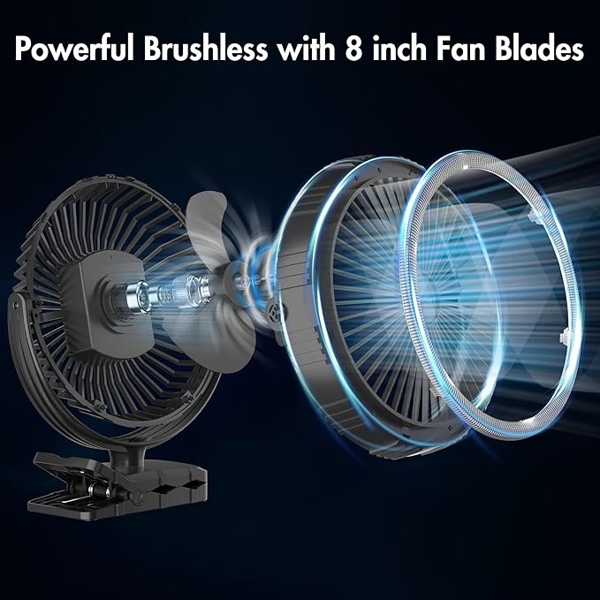Rechargeable Camping Fan, Battery Operated with Timer, Powerful Airflow Portable Fan, Strong Clip with Light & Hook for Camping Outdoor Travel BBQ Hurricane Power Outage