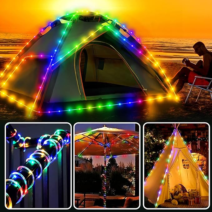 Camping Tent String Lights, 40Ft 120 LEDs 8 Modes Color Changing LED Rope Lights Battery Powered, Outdoor Waterproof LED Tent Light Great for Camping, Canopy, Hammock, Trampoline