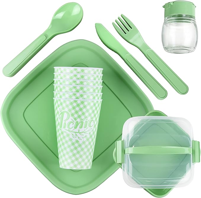 Tribello Camping Picnic Dishes Set with Case, 32 Plastic Reusable Cutlery - BPA Free, Microwave / Dishwasher Safe