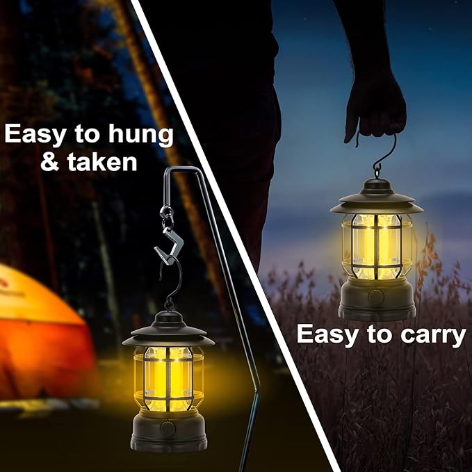 LED Camping Lanterns Rechargeable Portable, Vintage Style Tabletop Lantern, Stepless Dimming, Waterproof - Black, 2 Pack for Camping, Hanging Tent Light, and Power Outages