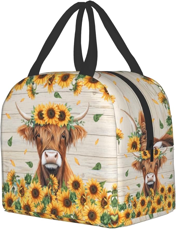 Giwawa Highland Cow Kids Lunch Bag Sunflower Cattle Insulated Girls Lunch Box Yellow Floral Wood Board Thermal Cooler Lunch Tote Bag for Teens Boys School Students Men Women Picnic