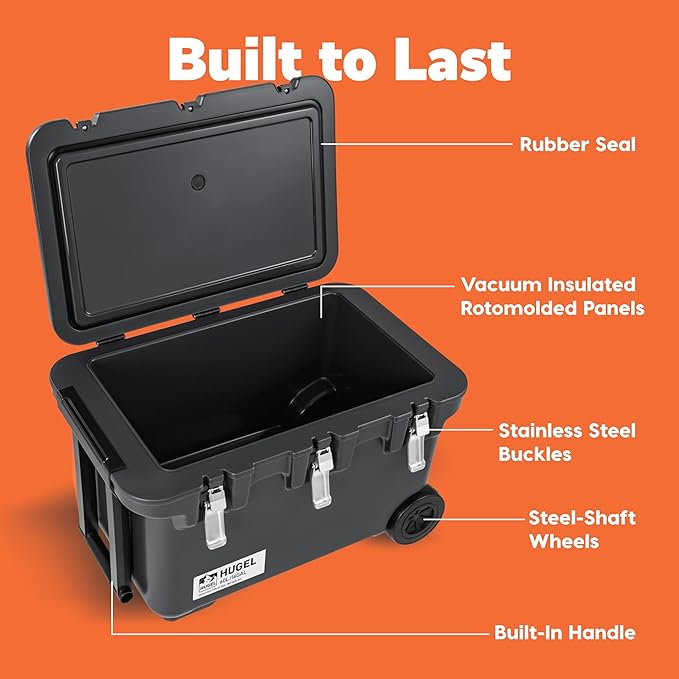 IRIS USA Hugel 64 QT Wheeled Cooler, Heavy-Duty Ice Chest with Metal Buckles, Leak-Resistant, Durable Hard Cooler for Camping, Fishing, Beach, Road Trips, Gray