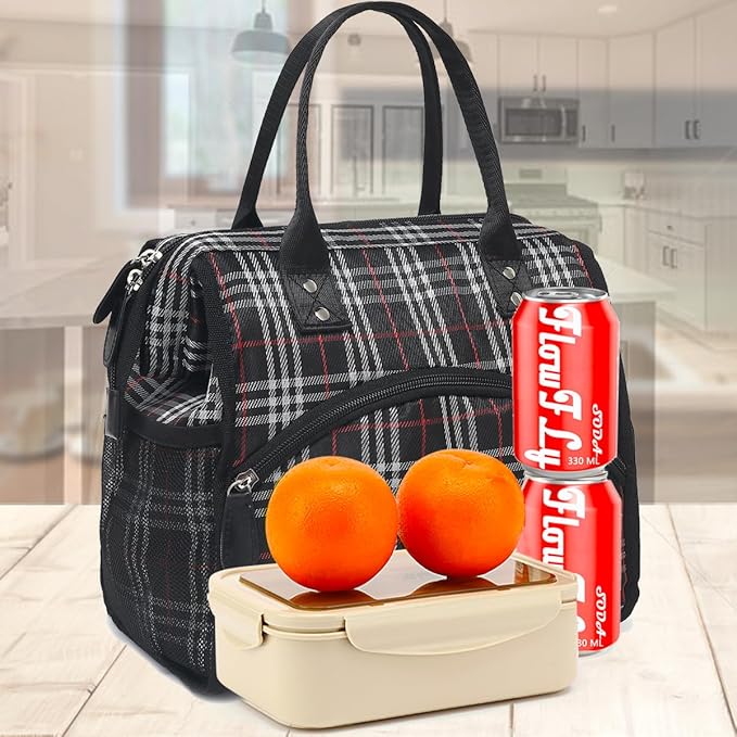 FlowFly Insulated Lunch Bag for Women, Men, Large and Reusable, Handle, Work and Travel Tote and Meal Prep Organizer, Black and white checkerboard