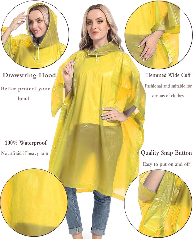 Reusable Rain Ponchos with Drawstring Hood for Adults, Waterproof Thicken Rain Coat, 2 Packs