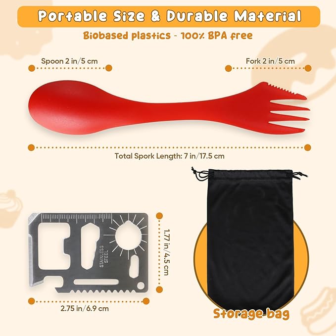 18 Pack Sporks - Spoon, Durable & BPA Free Tritan Sporks, Spoon Fork & Knife Combo Utensils with Portable Strong Waterproof Bag and Stainless Multifunctional Bottle Opener for Camping Outdoor, 6 Color