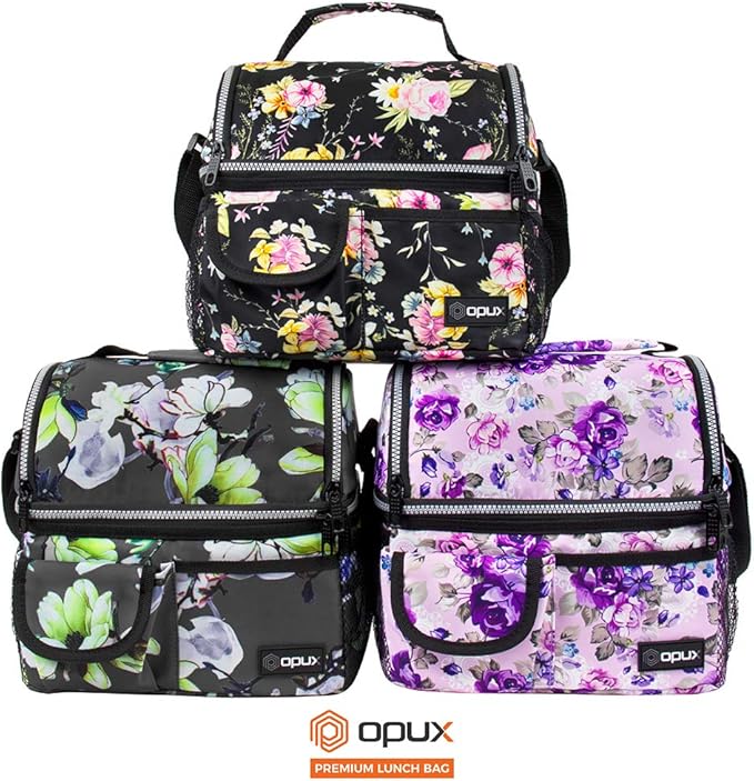 opux Lunch Bag Women Insulated, Adult Lunch Box Cooler, Flower Lunch Box, Dual Compartment Lunchbox for Work, Leakproof Double Decker Lunch Bag, Soft Lunch Pail Tote Girls Kids School, Floral Black