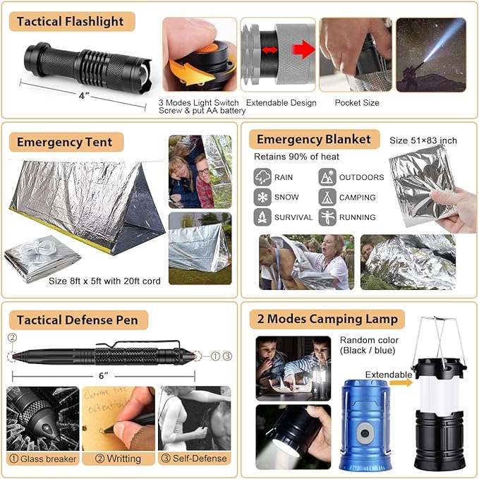 Survival Kit, 250Pcs Survival Gear First Aid Kit with Molle System Compatible Bag and Emergency Tent, Emergency Kit for Earthquake, Outdoor Adventure, Hiking, Hunting, Gifts for Men Women