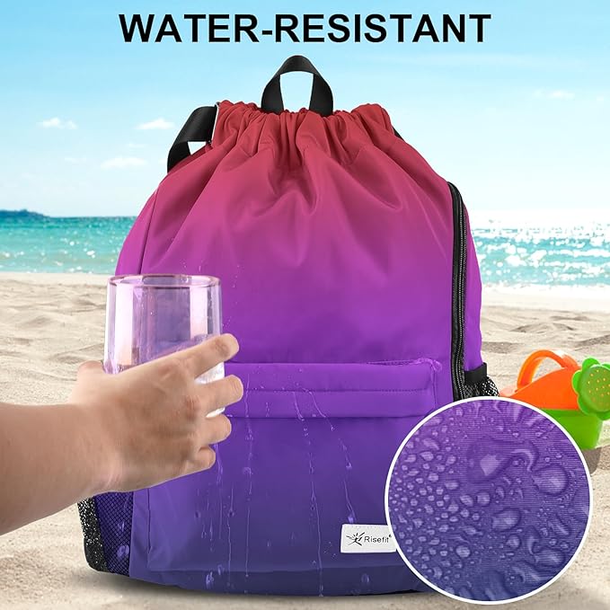 Drawstring Backpack with Mesh Pockets String Gym Bag Sackpack Sandproof Water Resistant Beach Backpack for Men Women