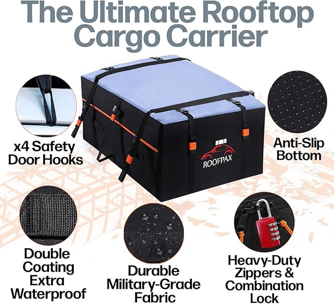 RoofPax Expandable 15/19 cft. Car Rooftop Cargo Carrier Bag Waterproof Storage Including Double Zippers, Heavy-Duty Tie-Down Straps fit Cars with/Without Roof Top Rack or Side Rails