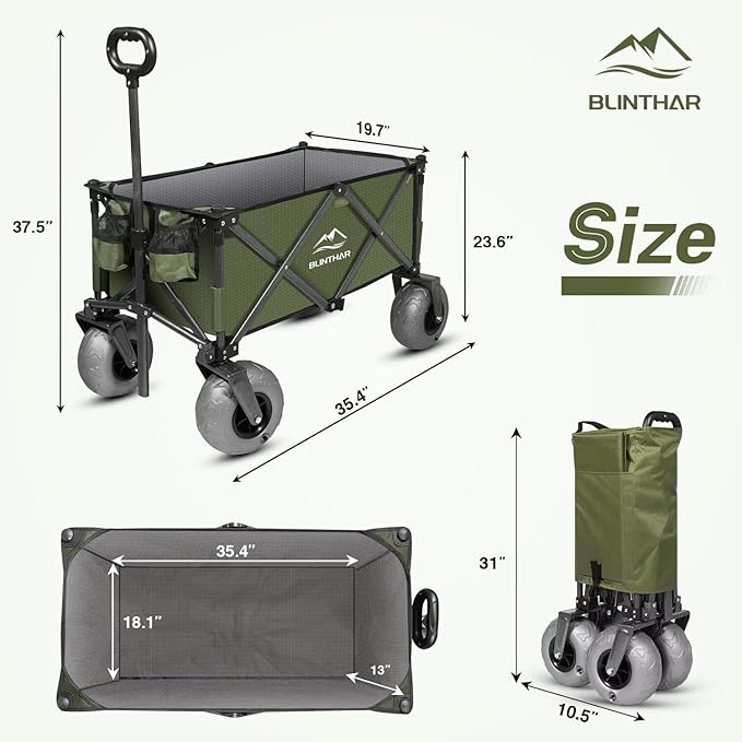 Beach Wagon, Heavy Duty Collapsible Folding Wagon with All-Terrain 9" Pneumatic Tires & Drink Holders, Utility Grocery Wagon for Garden Sports Camping Outdoor Activities Green