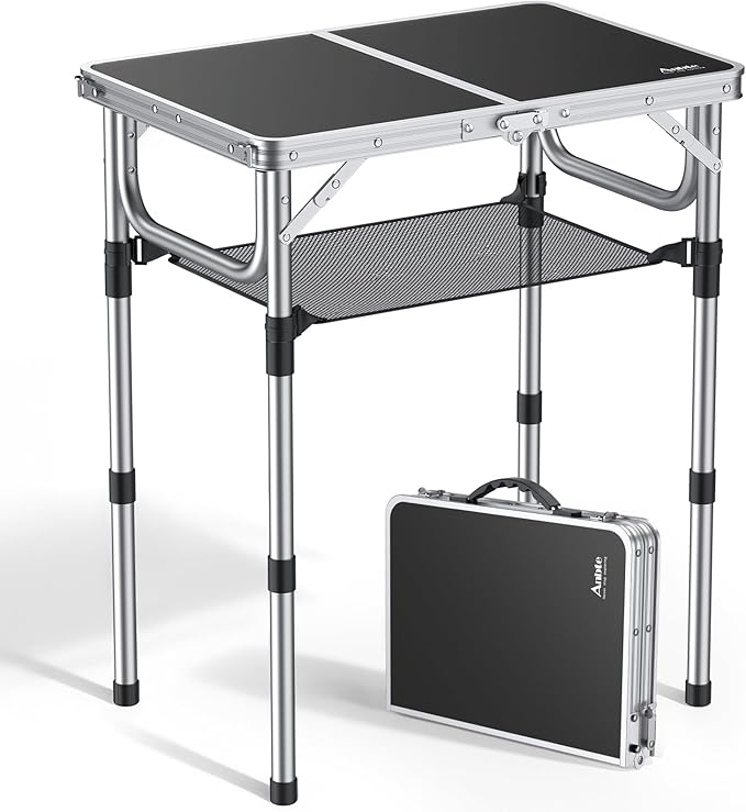 Folding Camping Table, Aluminum 24" x 16" Adjustable Height Small Folding Table with Carrying Handle, Lightweight, Portable Camping Table Waterproof for Outdoor Indoor Picnic Beach BBQ (Black)