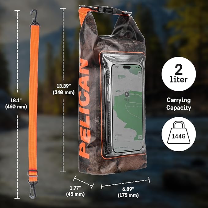 Pelican Marine IP68 Waterproof Dry Bag 2L - Roll Top Waterproof Backpack w/Phone Case/Pouch - Boating & Kayak Accessories - Essentials for Camping Swimming Beach Fishing Rafting Travel - Hunter Camo