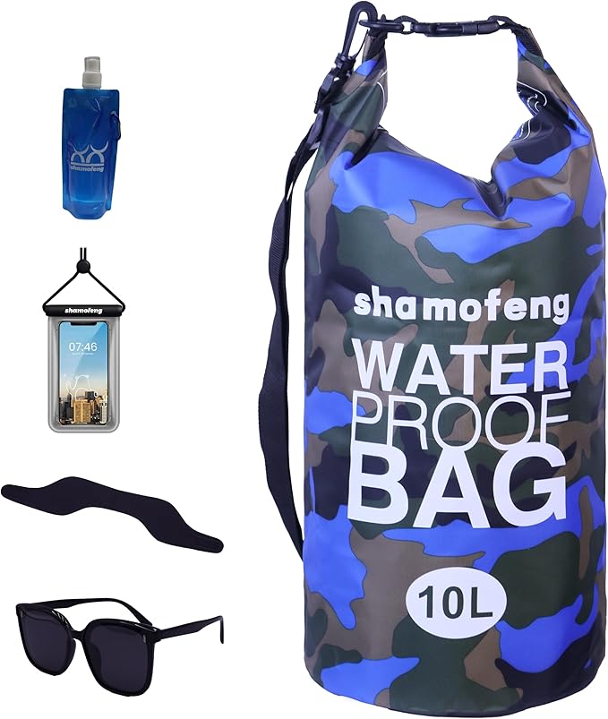 Waterproof Dry Bag Combo 5-30L Roll Top Dry Storage Bag Backpack for Kayaking Boating Beach Camping Travel Fishing, w/Phone Case & Collapsible Water Bottle & Sunglasses & Ear Band,Blue 15L