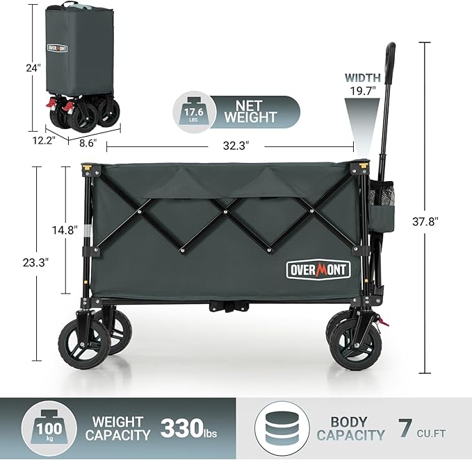 Overmont Ultra-Compact Collapsible Wagon Cart - 200L Portable Folding Wagon with All-Terrain Wheels Utility for Beach, Grocery Shopping, Camping, and Gardening โ 330lbs Load Capacity Grey
