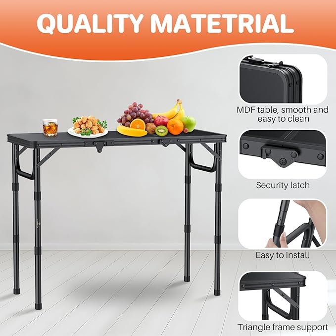 FUNYKICH 3ft Camping Folding Table with 3 Adjustable Height, Portable Small Folding Tables 34.2'' Lx15.7'' W, Lightweight Aluminum Beach Table with Carry Handle for Camping, Backyard BBQ, Picnic