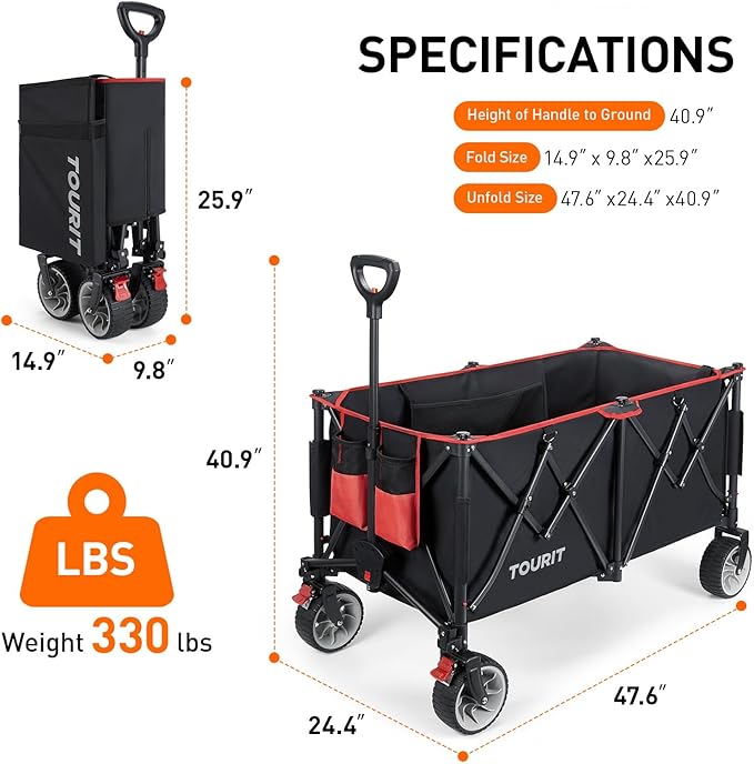 TOURIT 260L Collapsible Foldable Wagon with 330lbs Weight Capacity, Heavy Duty Folding Utility Garden Cart, Beach Wagon with Big Wheels & Drink Holders, Black