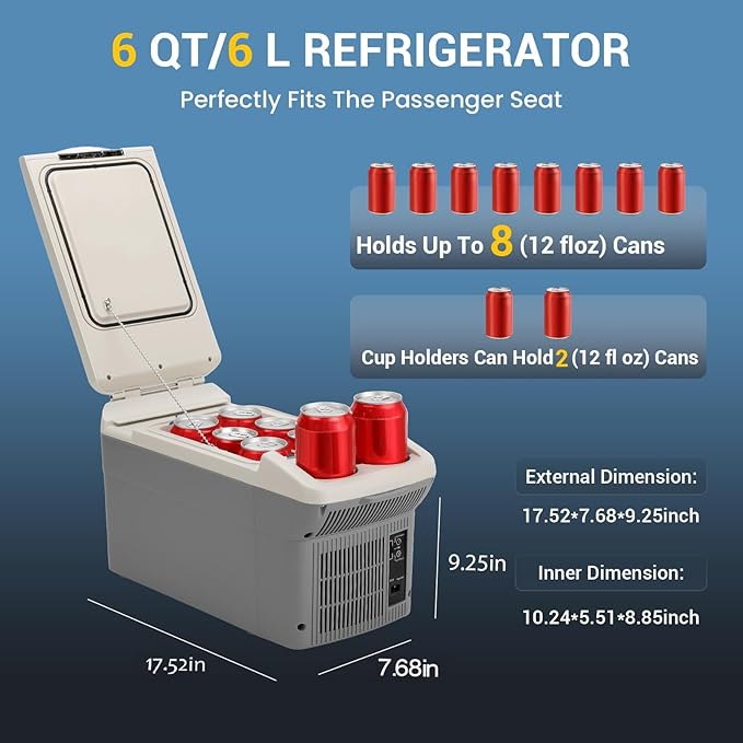 12V Car Refrigerator Cooler/Warmer 6 Quart (6L), 12 Volt DC &110V AC, Electric Car Fridge Portable Compact Camping Cooler Thermoelectric 12V Small Fridge for Car,RV,Camping (Grey)