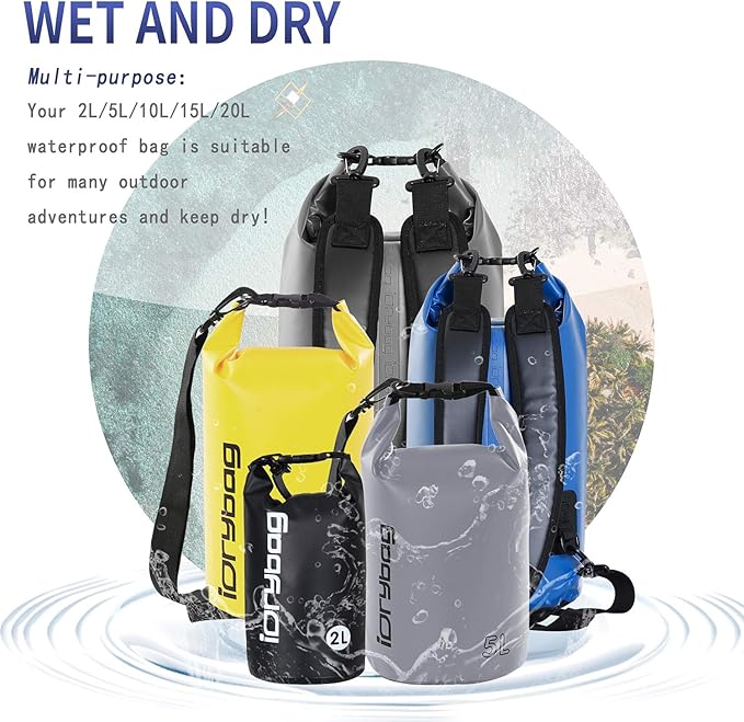 IDRYBAG Dry Bags for Kayaking Waterproof 2L/5L/10L/15L/20L, Small Dry Bag Waterproof Floating, Dry Sack Waterproof Bag for Paddleboarding Travel