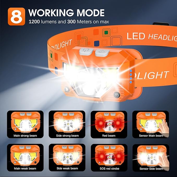 LHKNL Headlamp Flashlight,1200 Lumen Ultra-Light Bright LED Rechargeable Headlight with White Red Light,2-Pack Waterproof Motion Sensor Head Lamp,8 Mode for Outdoor Camping Running Fishing- Orange