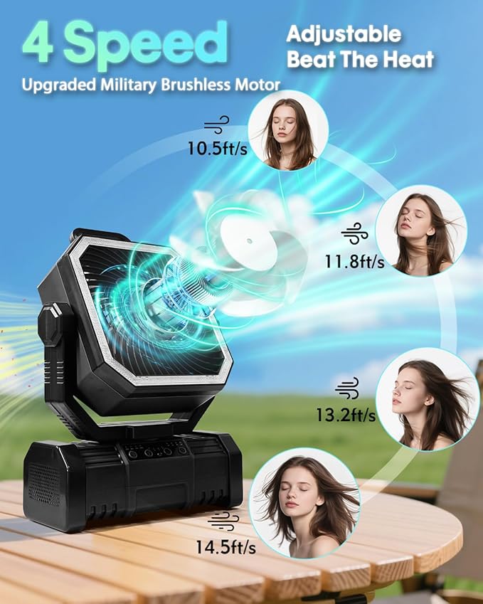 20000mAh Portable Camping Fan, Rechargeable Battery Operated Oscillating Tent Fan W/Bluetooth Speaker, 4 Speeds, LED lights & 360° Rotation Hook for Outdoor RV Travel Essentials, Black