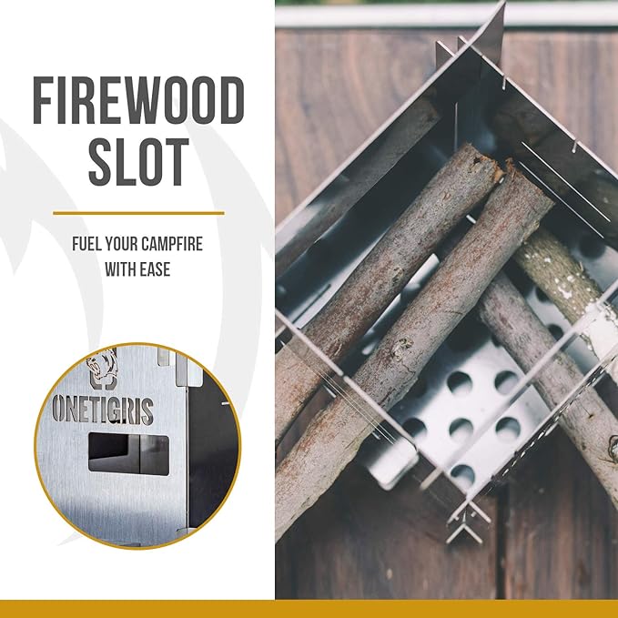 OneTigris ROCUBOID Camping Stove Foldable, Lightweight Portable Wood Burning Stove Stainless Steel with Pocket for Camping Hiking Backpacking Survival Outdoor Cooking Pinic BBQ
