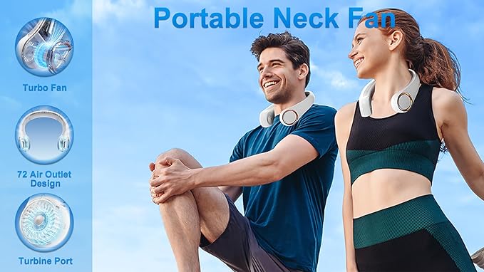 Neck Fans:Portable Personal Neck Cooling Rechargeable Bladeless Fan - Hands Free 3 Speed 4000 mAh Battery USB for Wearable Headphones Design - Men Women Outdoor Indoor (White)