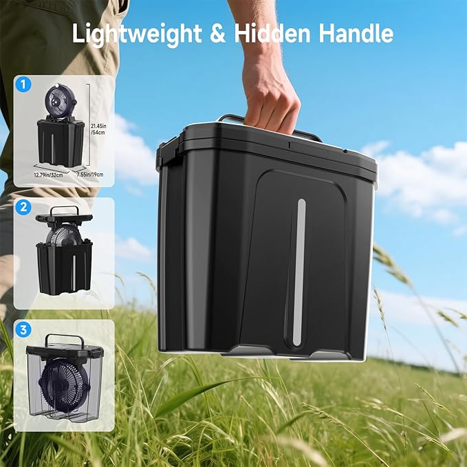 Portable Misting Fan with 11L Large Bucket for Outdoor Patios, 20000mAh Battery Operated Camping Fan with Hanging & Lighting, 3 Speed & 3 Spray Outlets, Rechargeable Fans for Fishing Garden