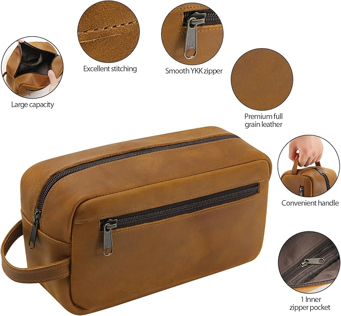 Ringsun Leather Travel Toiletry Bag for Men, Full Grain Leather Dopp Kit Shaving Bag Travel Organizer, Bourbon Brown