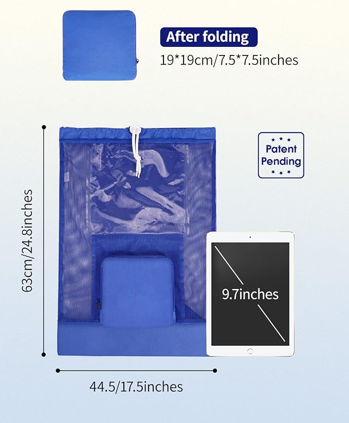 WANDF Swim Bag Foldable Mesh Drawstring Bag with Quick-dry Shoulder Strap Beach Backpack with Wet Pocket for Swimming, Gym, and Workout Gear (Blue Patent Pending)