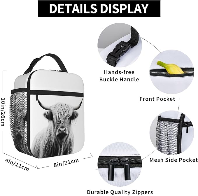 SARA NELL Cow Insulated Lunch Bag Portrait Of Highland Cow Lunch Cooler Box for Women Men Teens Kids, Reusable Lunch Tote Bag, Leakproof Thermal Lunch Bags for Work, Picnic, School or Travel