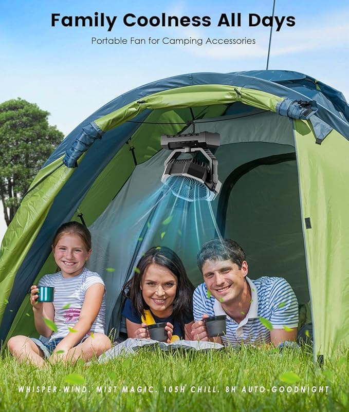 Camping Misting Fan - 30000mAh Portable Battery Powered Fans with 9oz Water Tank, Light, Hook - Rechargeable, 120H Cooling, Last 5H Mist, 4 Speed, Sleep Mode - Outdoor Fan for Travel, Patios, Fishing